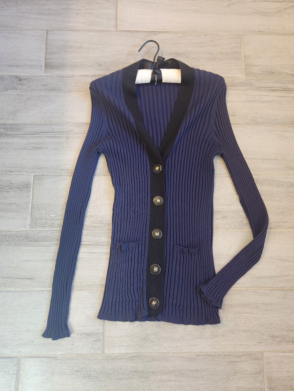 Ann Taylor Cardigan XL Navy Blue Knit Ribbed Chunky Buttons Deep V-neck Bodycon